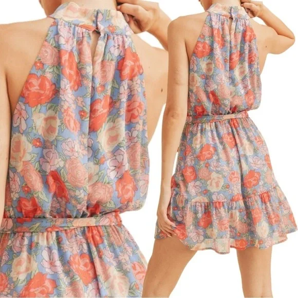 NEW Lush Floral Halter Neck Tie Waist Mini Dress - Picture 17 of 17